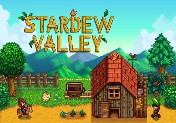 Oficjalna grafika Stardew Valley: pikselowa farma, drewniany dom i nazwa gry.