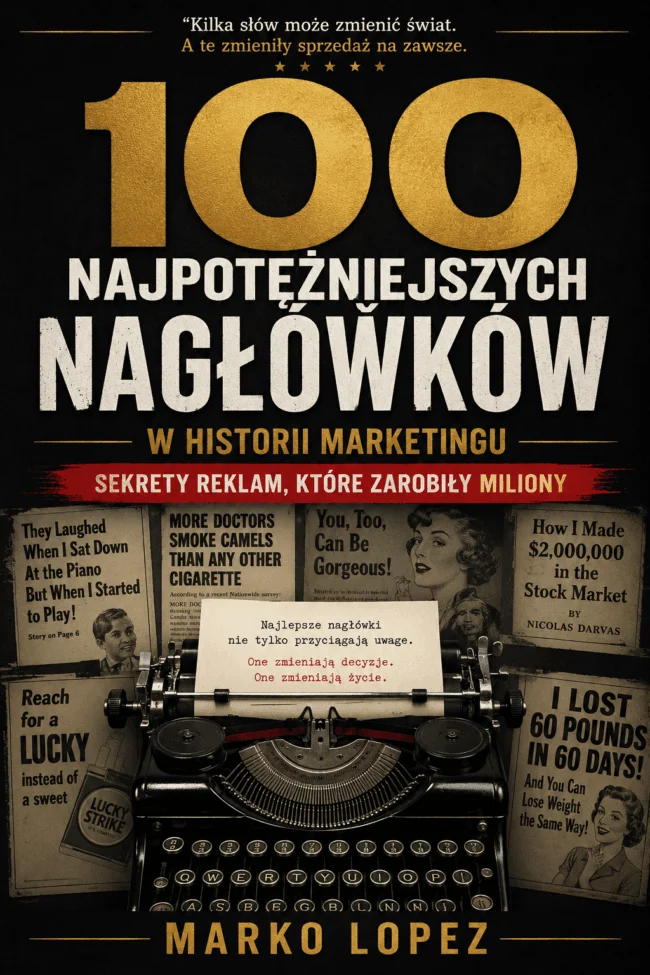 Oficjalna okładka e-booka „100 Najpotężniejszych Nagłówków w Historii Marketingu” Marko Lopeza.